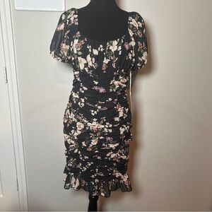 NWT Blashe Black Floral Ruched Mini Dress Puff Sleeve Cottagecore | L